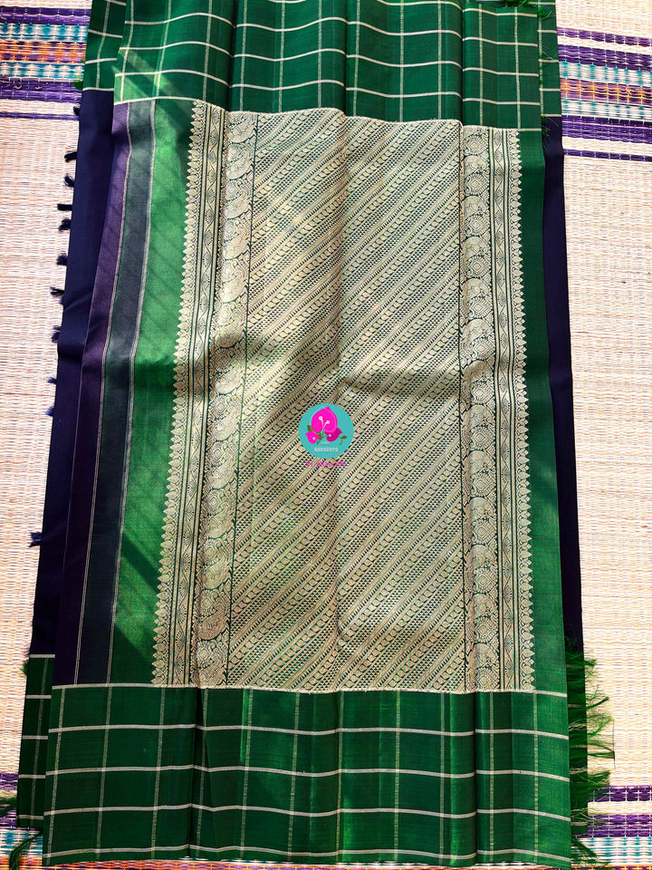 Midnight & Emerald: Navy Blue Kanjivaram with Contemporary Green Checks