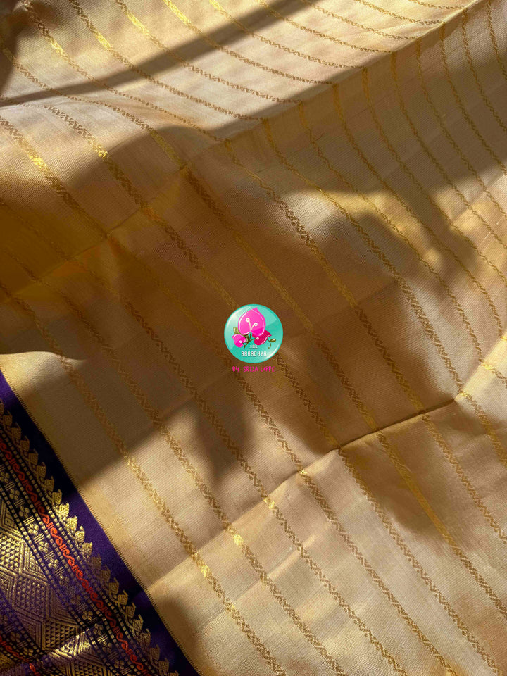 Celestial Gilded Luminance & Imperial Purple Opulence: Pure 3G Kanchipattu Silk Saree in Moonlit Gold Tissue with Vaira Oosi & Heavy Jewel-Embroidered Silk Blouse