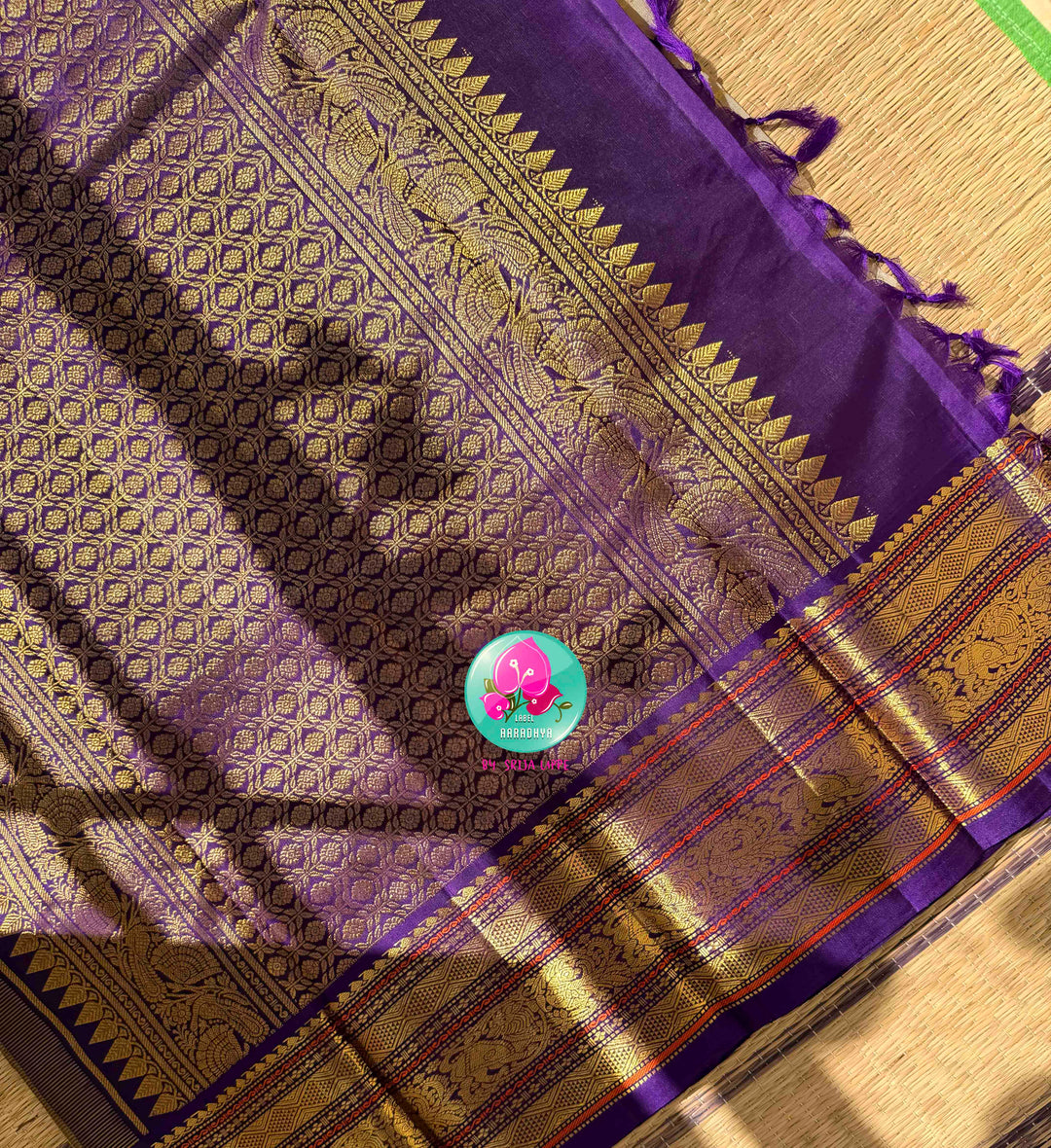 Celestial Gilded Luminance & Imperial Purple Opulence: Pure 3G Kanchipattu Silk Saree in Moonlit Gold Tissue with Vaira Oosi & Heavy Jewel-Embroidered Silk Blouse
