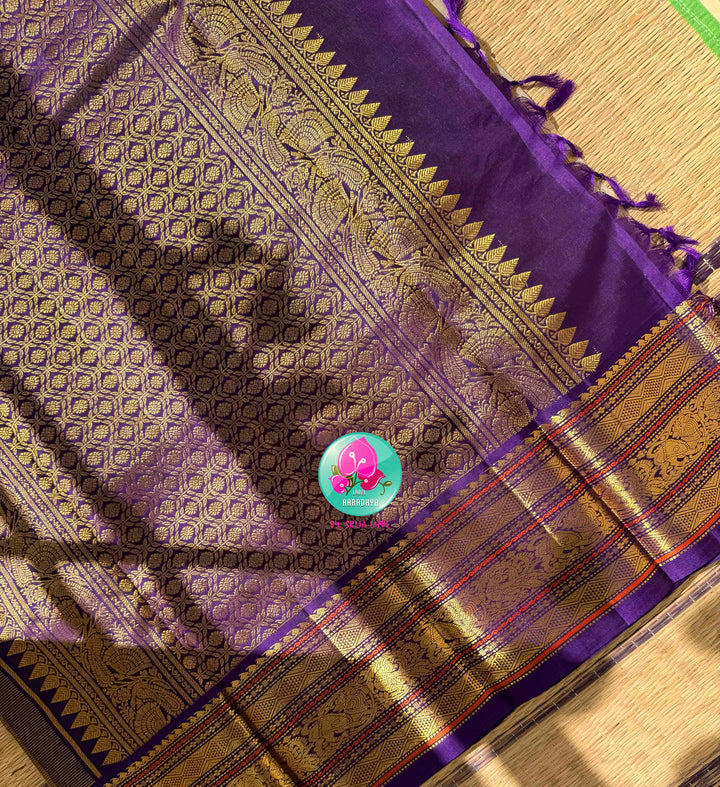 Celestial Gilded Luminance & Imperial Purple Opulence: Pure 3G Kanchipattu Silk Saree in Moonlit Gold Tissue with Vaira Oosi & Heavy Jewel-Embroidered Silk Blouse