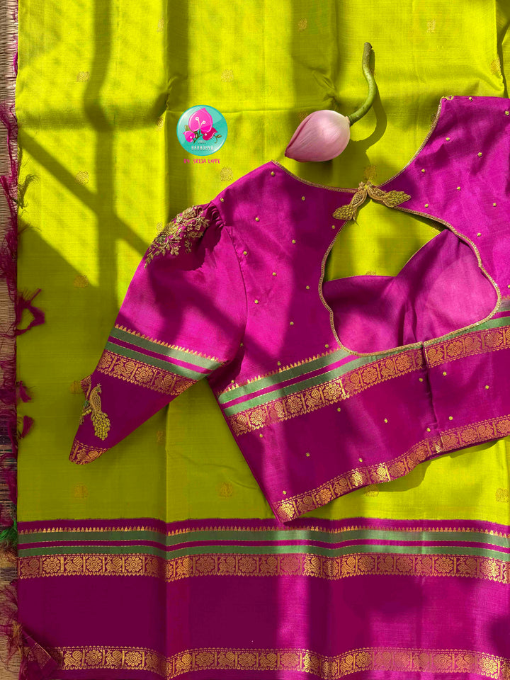 Vibrant Parrot Green Radiance & Rani Pink Magnificence: Pure Kanjeevaram Silk Saree with Peacock-Themed Hand-Embroidered Maggam Blouse