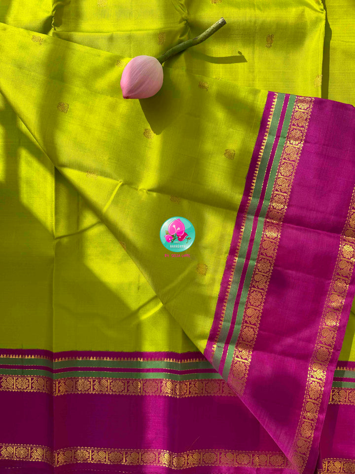 Vibrant Parrot Green Radiance & Rani Pink Magnificence: Pure Kanjeevaram Silk Saree with Peacock-Themed Hand-Embroidered Maggam Blouse