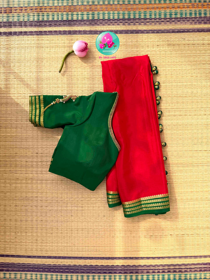 Auspicious Crimson & Sacred Emerald: 120gsm Pure Mysore Crepe Silk Saree with Hand-Embroidered Vanki Armlet Blouse