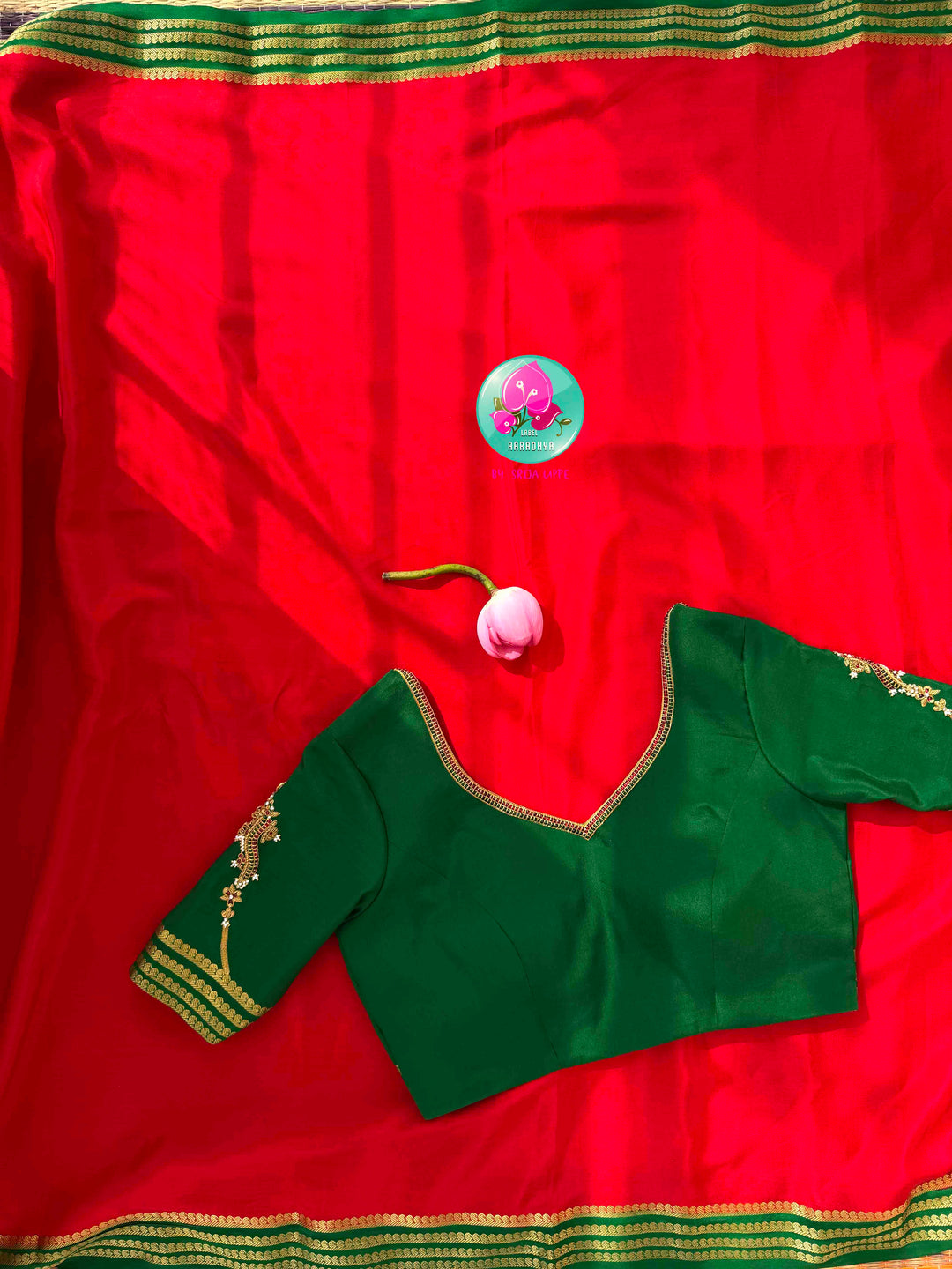 Auspicious Crimson & Sacred Emerald: 120gsm Pure Mysore Crepe Silk Saree with Hand-Embroidered Vanki Armlet Blouse