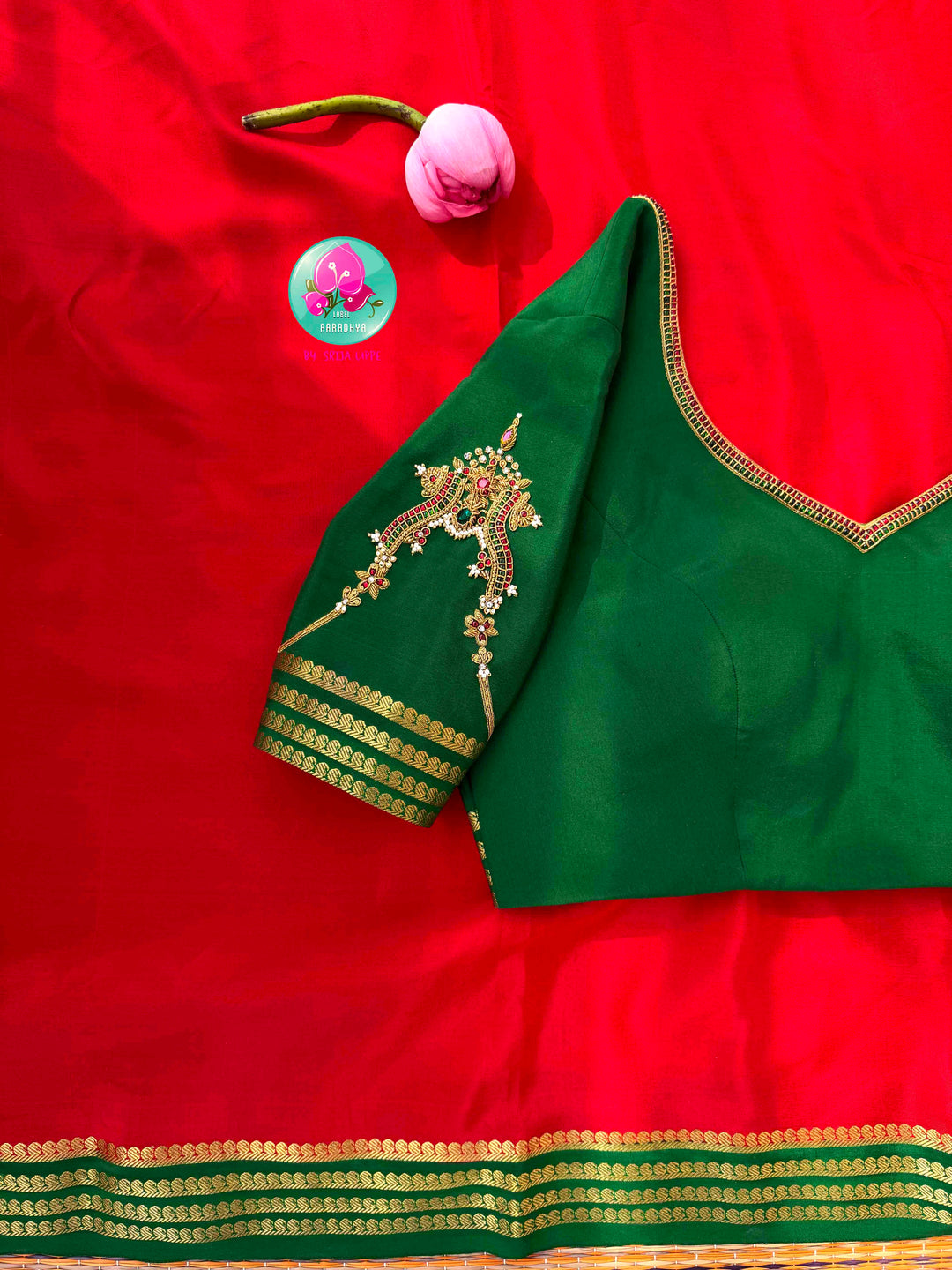 Auspicious Crimson & Sacred Emerald: 120gsm Pure Mysore Crepe Silk Saree with Hand-Embroidered Vanki Armlet Blouse