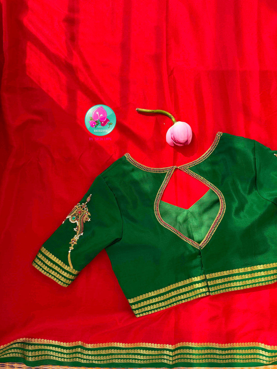 Auspicious Crimson & Sacred Emerald: 120gsm Pure Mysore Crepe Silk Saree with Hand-Embroidered Vanki Armlet Blouse
