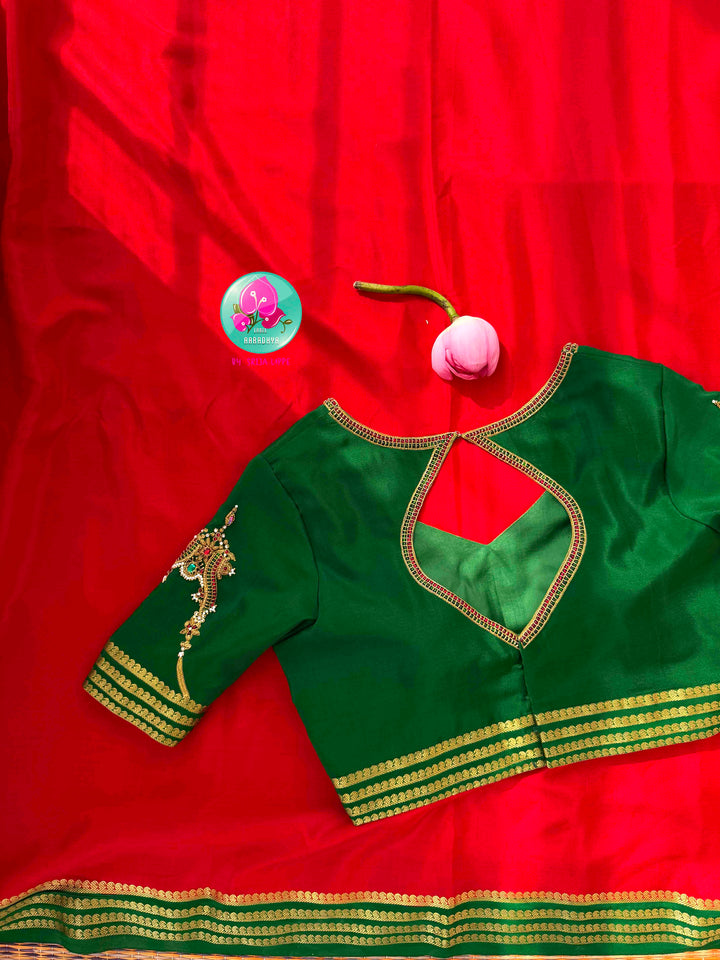 Auspicious Crimson & Sacred Emerald: 120gsm Pure Mysore Crepe Silk Saree with Hand-Embroidered Vanki Armlet Blouse