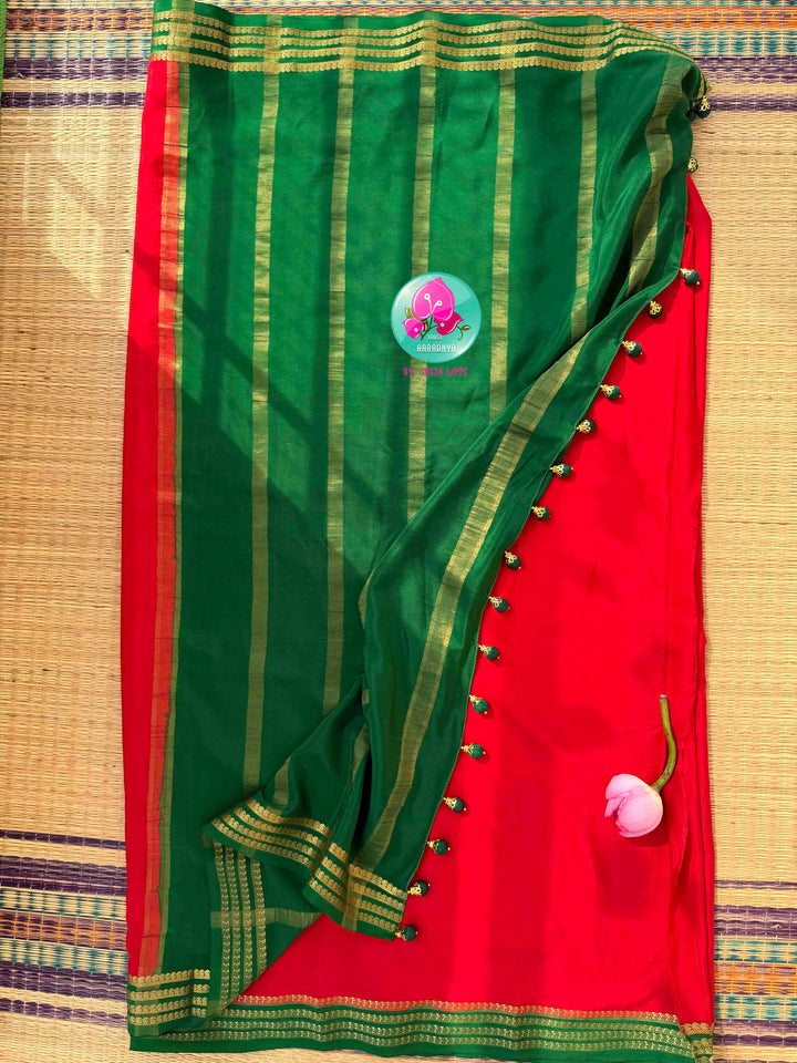 Auspicious Crimson & Sacred Emerald: 120gsm Pure Mysore Crepe Silk Saree with Hand-Embroidered Vanki Armlet Blouse