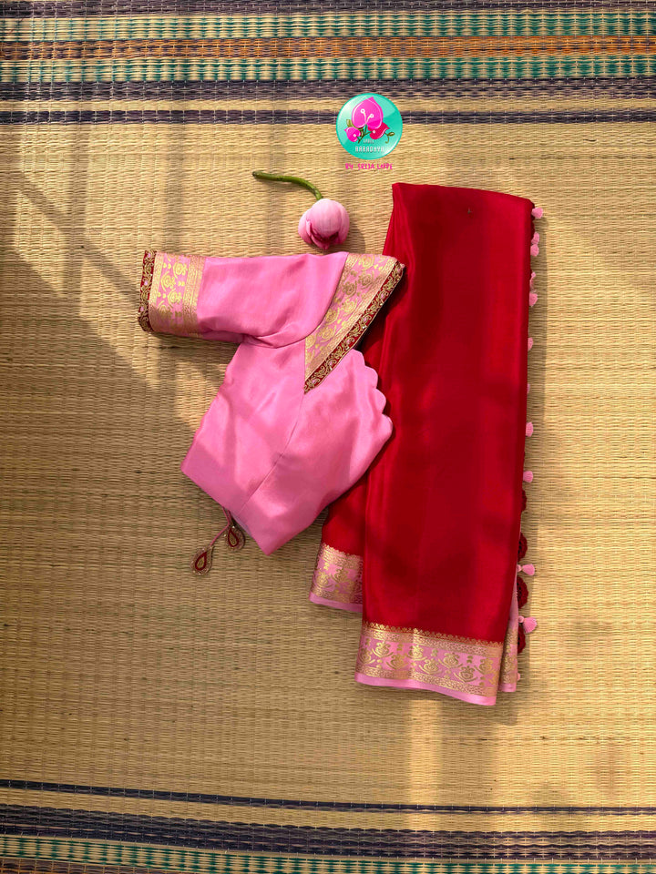 Romantic Crimson Warmth & Soft Pastel Delicate Elegance: Pure Red Mysore Silk Saree with Baby Pink Border & Hand-Embroidered Lapel Designer Blouse