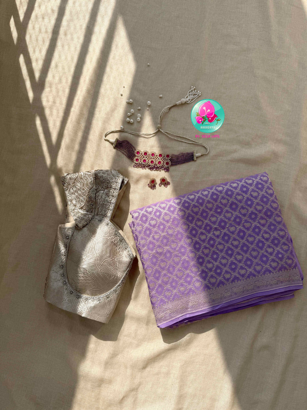 Ethereal Lavender: Banarasi Khaddi Georgette Saree with Nandhini Motifs & Silver Artistry