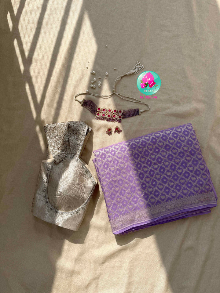 Ethereal Lavender: Banarasi Khaddi Georgette Saree with Nandhini Motifs & Silver Artistry