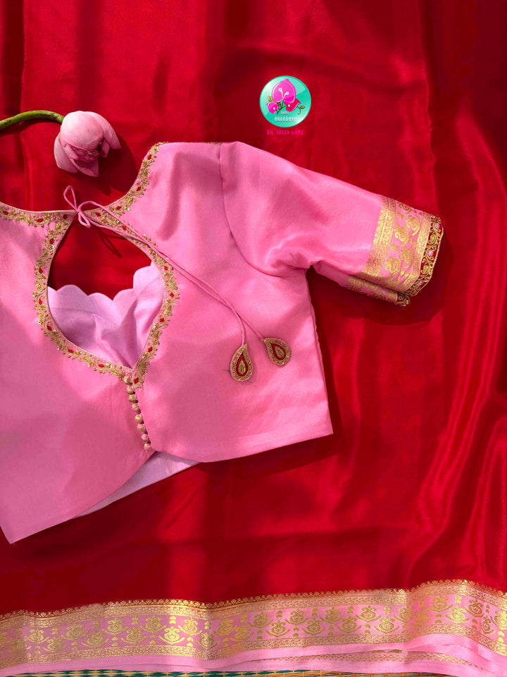 Romantic Crimson Warmth & Soft Pastel Delicate Elegance: Pure Red Mysore Silk Saree with Baby Pink Border & Hand-Embroidered Lapel Designer Blouse