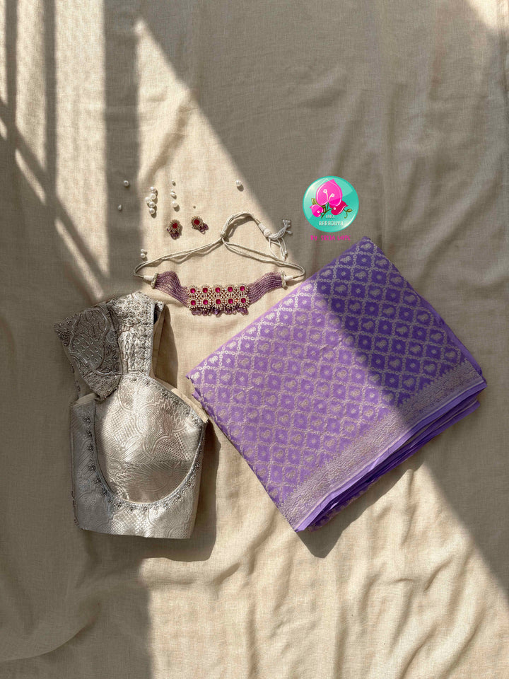 Ethereal Lavender: Banarasi Khaddi Georgette Saree with Nandhini Motifs & Silver Artistry