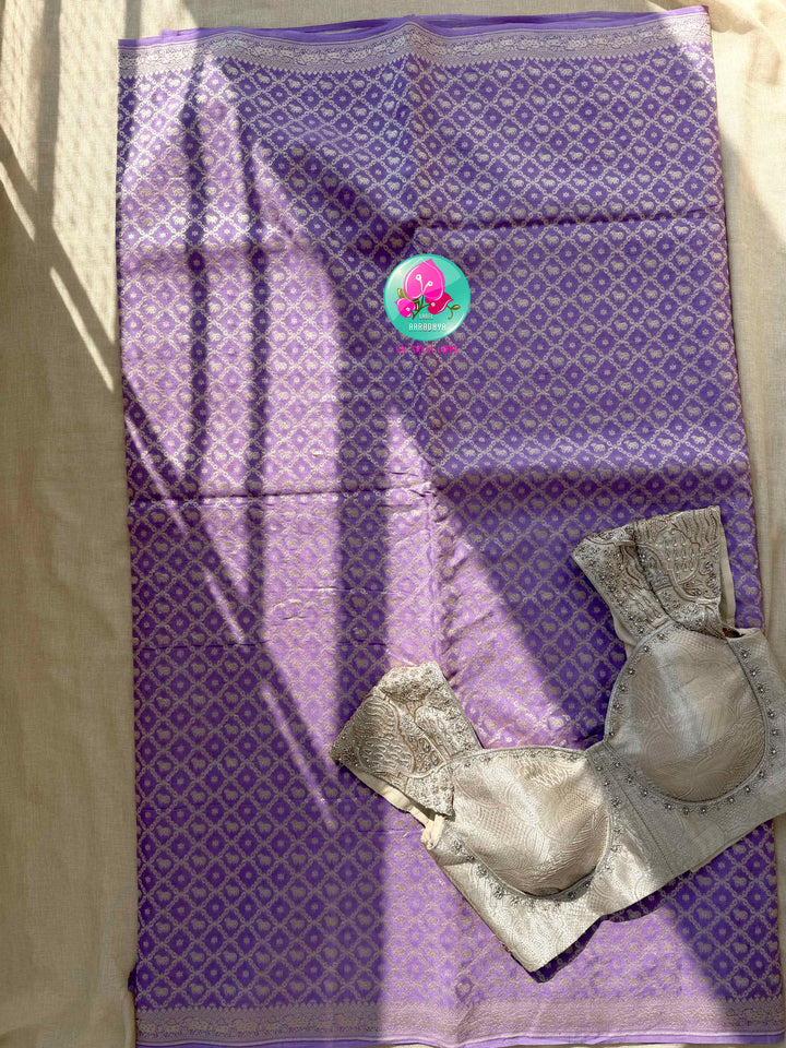 Ethereal Lavender: Banarasi Khaddi Georgette Saree with Nandhini Motifs & Silver Artistry