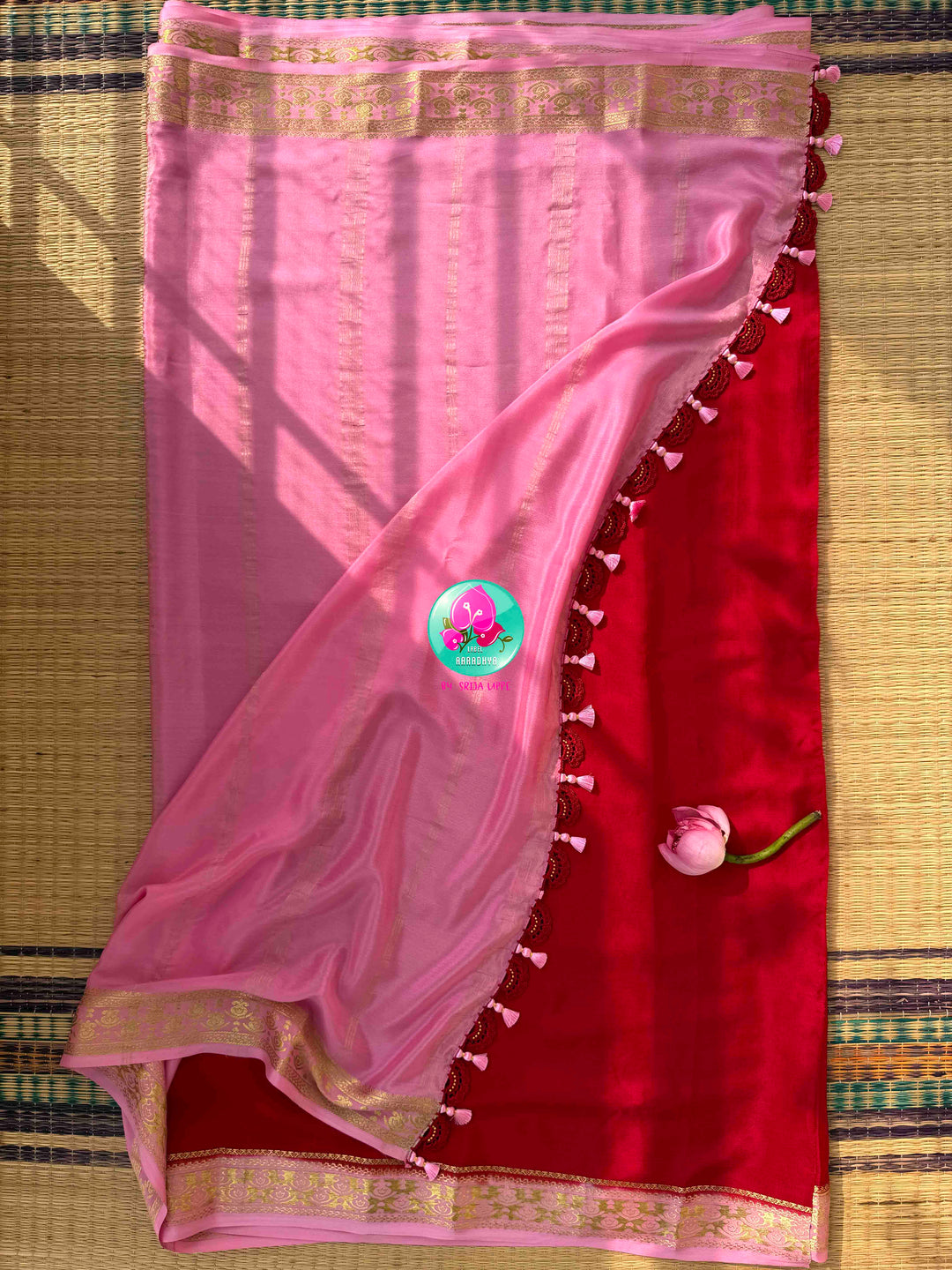 Romantic Crimson Warmth & Soft Pastel Delicate Elegance: Pure Red Mysore Silk Saree with Baby Pink Border & Hand-Embroidered Lapel Designer Blouse