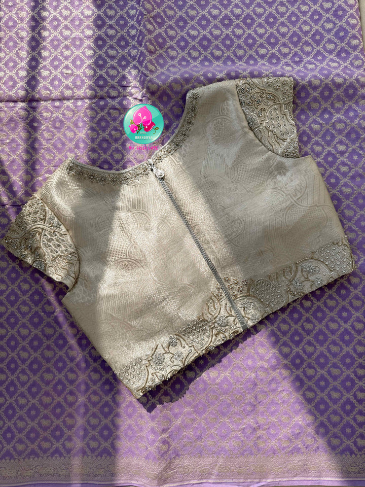 Ethereal Lavender: Banarasi Khaddi Georgette Saree with Nandhini Motifs & Silver Artistry