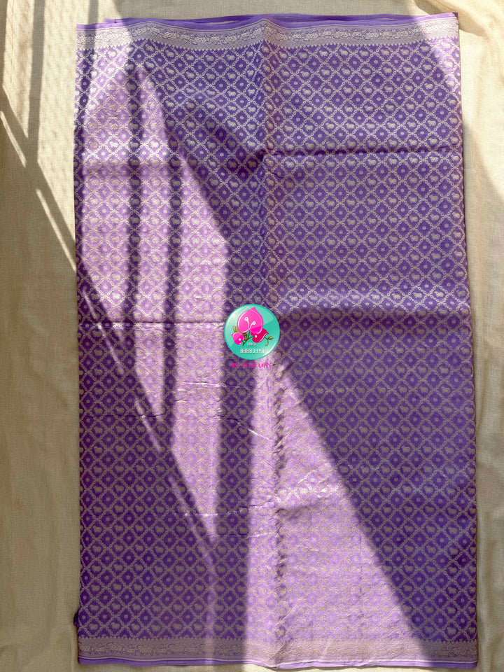 Ethereal Lavender: Banarasi Khaddi Georgette Saree with Nandhini Motifs & Silver Artistry