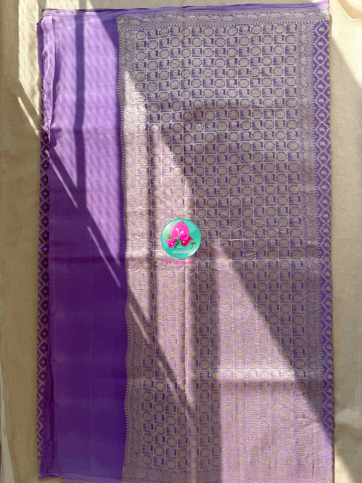 Ethereal Lavender: Banarasi Khaddi Georgette Saree with Nandhini Motifs & Silver Artistry