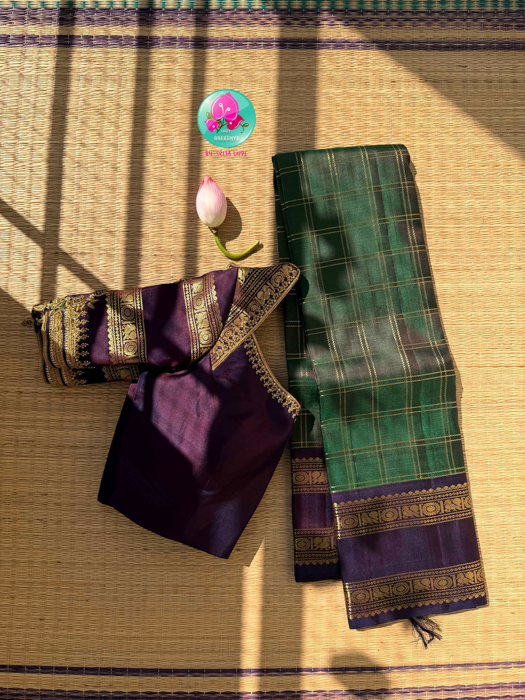 Jewel-Toned Regal Majesty: Bottle Green 2G Pure Kanchipattu Silk Saree with Sapphire Blue Border & Hand-Embroidered Maggam Blouse
