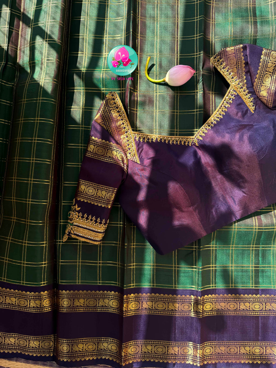 Jewel-Toned Regal Majesty: Bottle Green 2G Pure Kanchipattu Silk Saree with Sapphire Blue Border & Hand-Embroidered Maggam Blouse