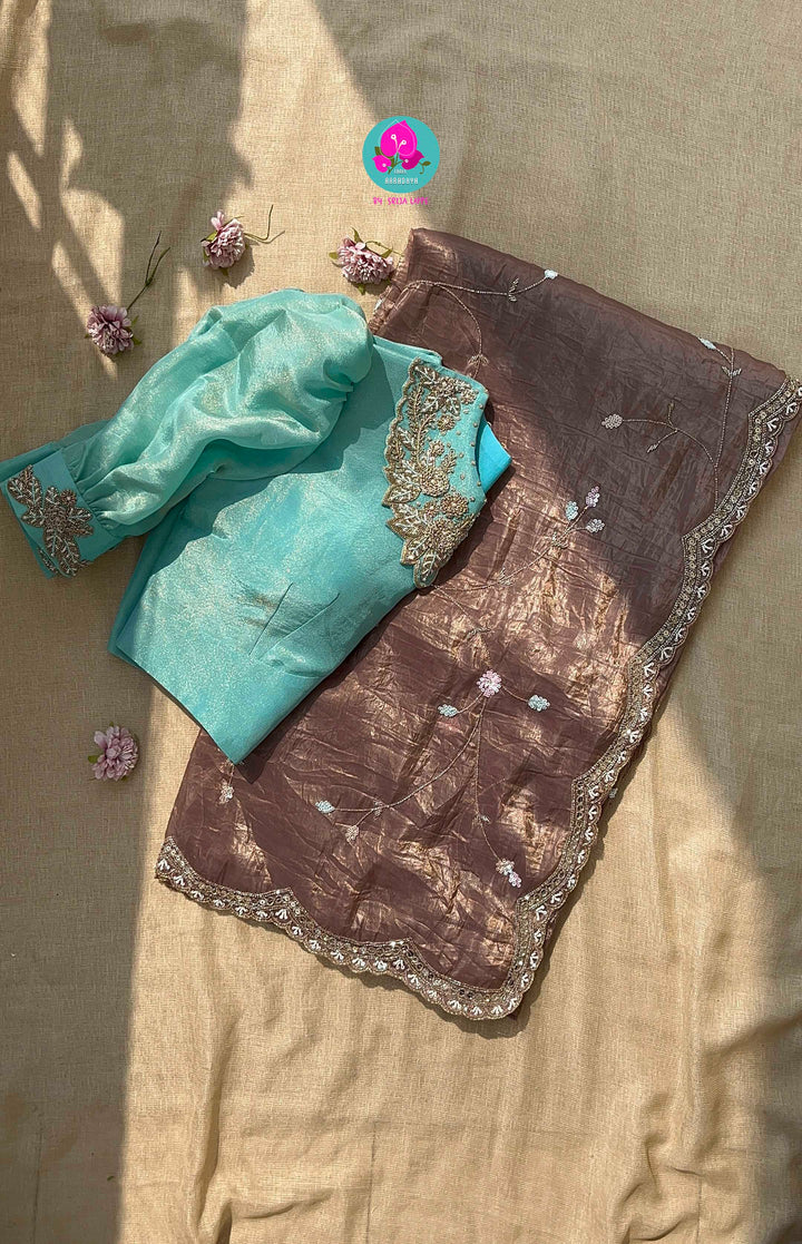 Hand embroidered soft crush organza saree paired with hand embroidered Blouse