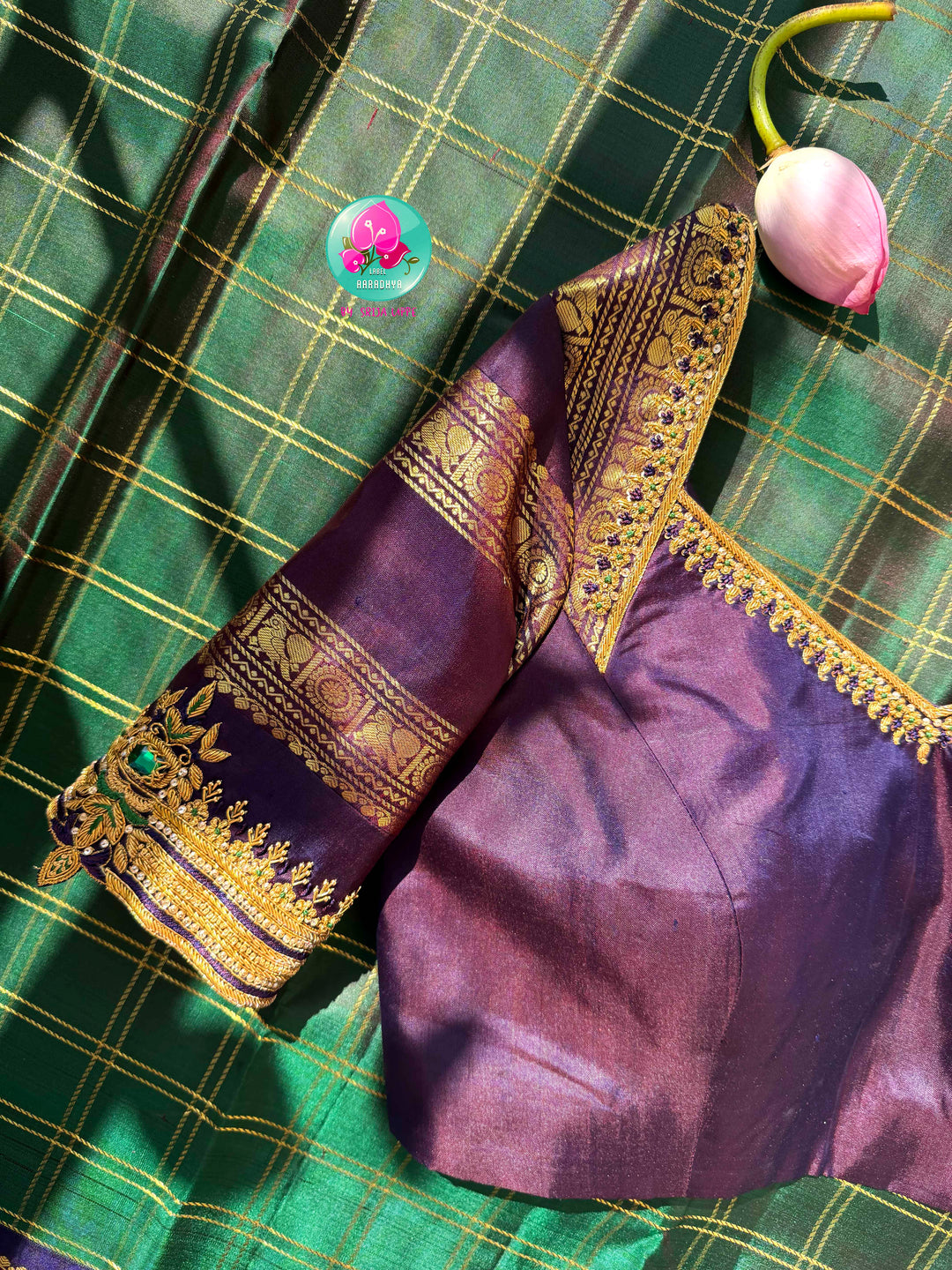Jewel-Toned Regal Majesty: Bottle Green 2G Pure Kanchipattu Silk Saree with Sapphire Blue Border & Hand-Embroidered Maggam Blouse