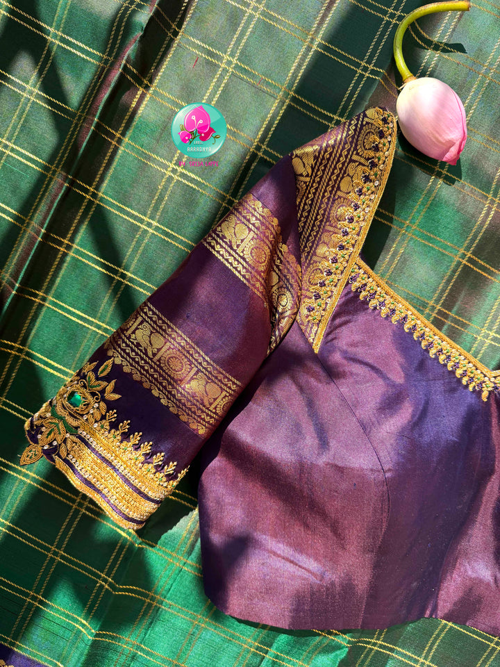 Jewel-Toned Regal Majesty: Bottle Green 2G Pure Kanchipattu Silk Saree with Sapphire Blue Border & Hand-Embroidered Maggam Blouse