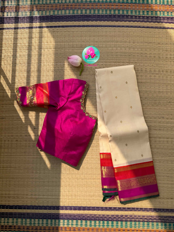 The Celestial Heirloom: Serene Off-White Kanjivaram Saree with Surya-Chandrulu Artistry