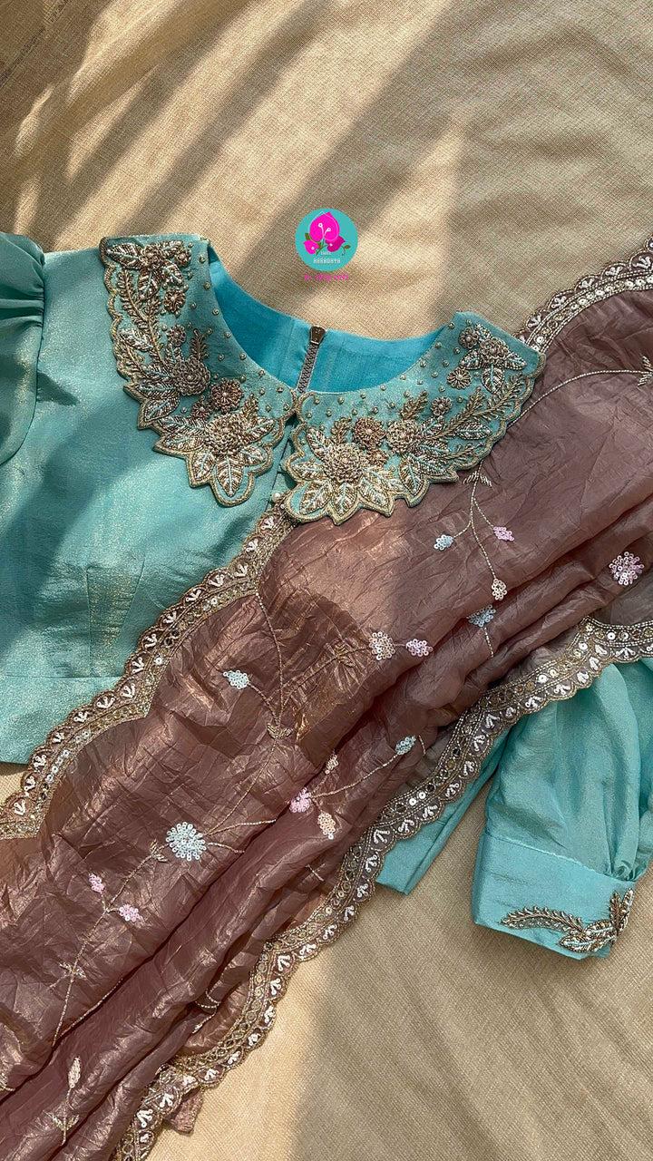 Hand embroidered soft crush organza saree paired with hand embroidered Blouse