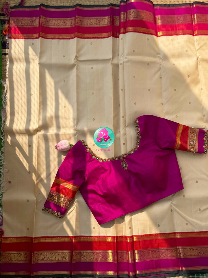 The Celestial Heirloom: Serene Off-White Kanjivaram Saree with Surya-Chandrulu Artistry