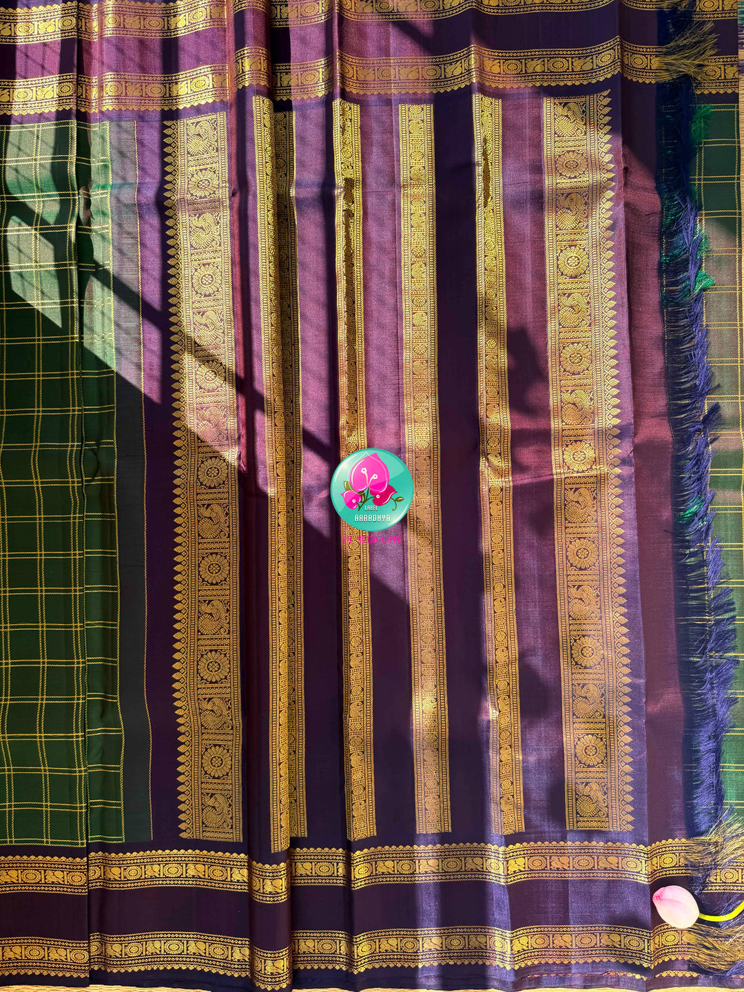 Jewel-Toned Regal Majesty: Bottle Green 2G Pure Kanchipattu Silk Saree with Sapphire Blue Border & Hand-Embroidered Maggam Blouse