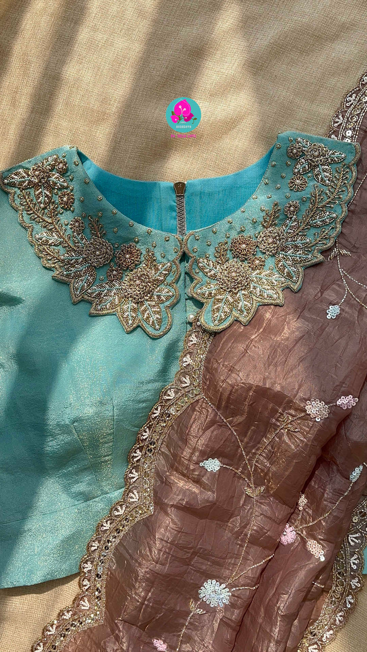 Hand embroidered soft crush organza saree paired with hand embroidered Blouse