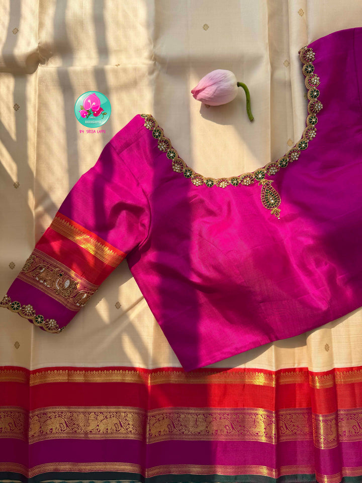 The Celestial Heirloom: Serene Off-White Kanjivaram Saree with Surya-Chandrulu Artistry