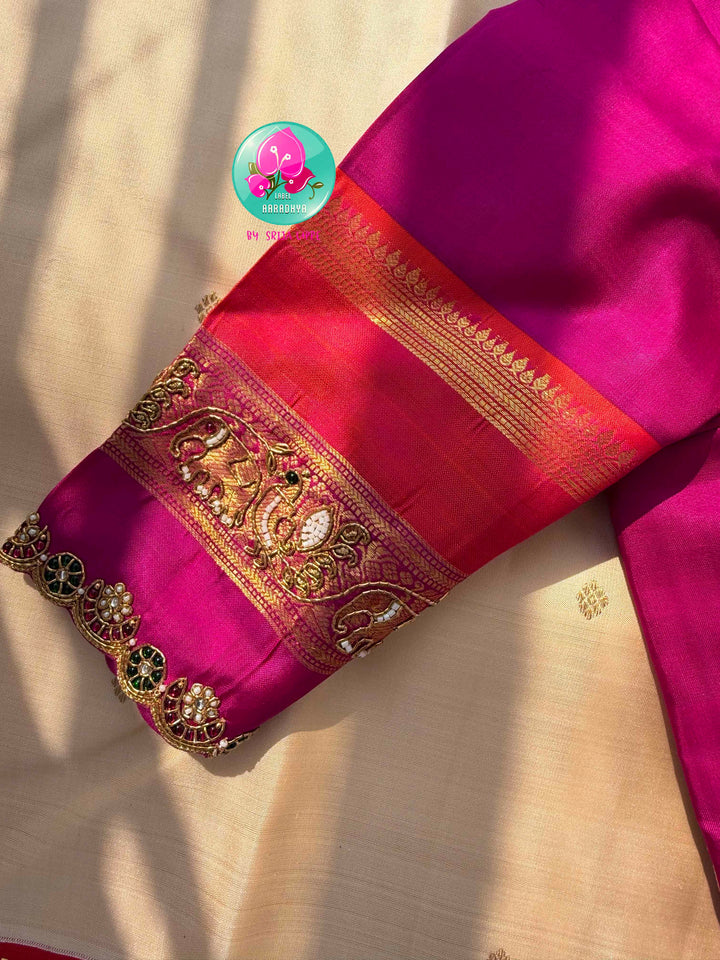 The Celestial Heirloom: Serene Off-White Kanjivaram Saree with Surya-Chandrulu Artistry