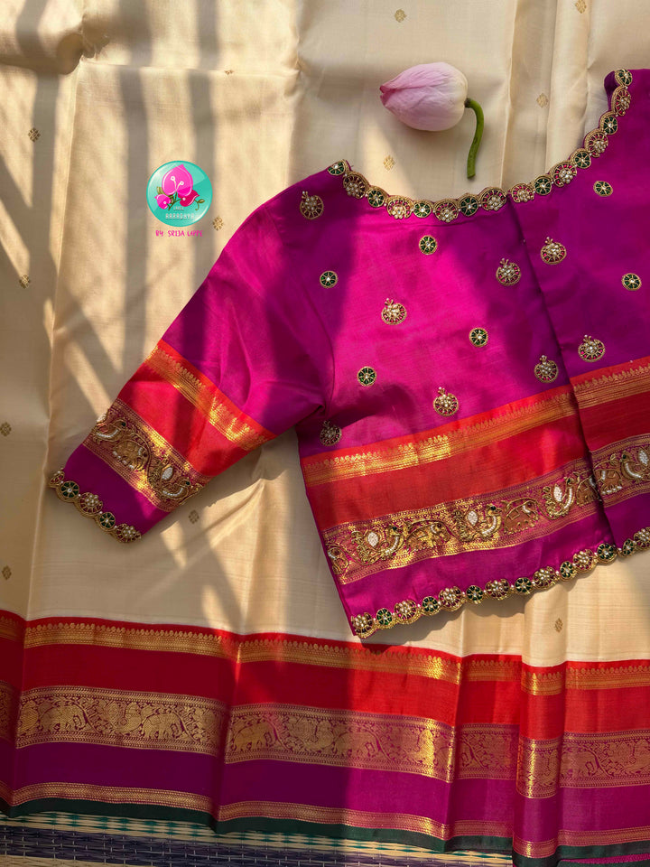 The Celestial Heirloom: Serene Off-White Kanjivaram Saree with Surya-Chandrulu Artistry