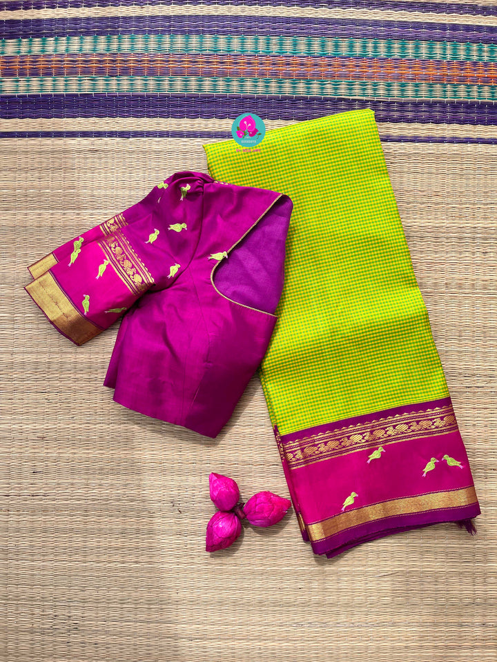 Vintage checkered pure Kanchipattu saree set with bird hand work