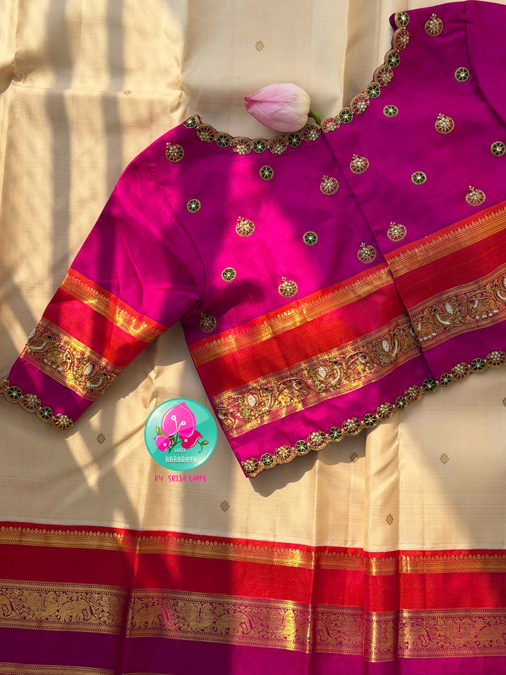 The Celestial Heirloom: Serene Off-White Kanjivaram Saree with Surya-Chandrulu Artistry
