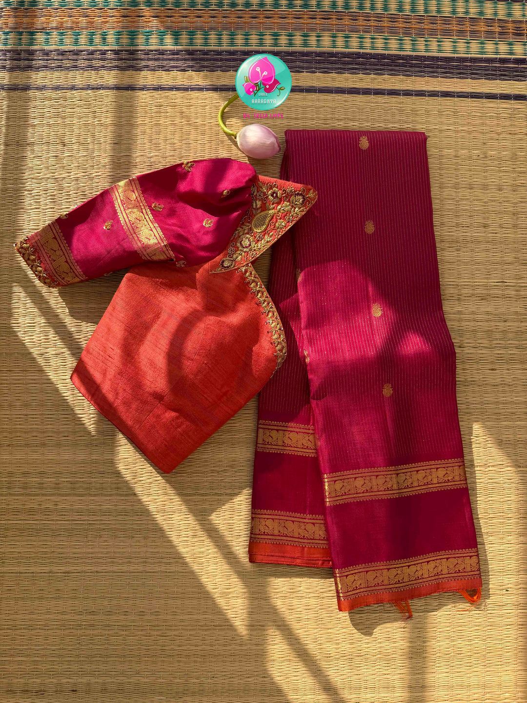 Regal Magenta-Maroon Warmth & Tangerine Radiance: Pure Kanjeevaram Silk Saree with Vaira Oosi Lines, Orange Korvai Border & Fusion Hand-Embroidered Blouse