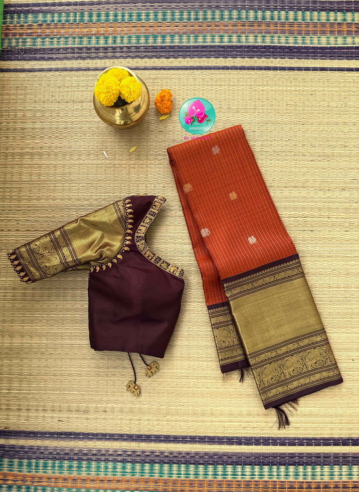 Ember & Earth: Vintage Rust Orange Vaira Oosi Kanchipuram Saree with Grand Artisan Borders