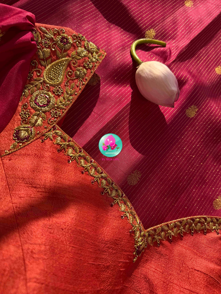 Regal Magenta-Maroon Warmth & Tangerine Radiance: Pure Kanjeevaram Silk Saree with Vaira Oosi Lines, Orange Korvai Border & Fusion Hand-Embroidered Blouse