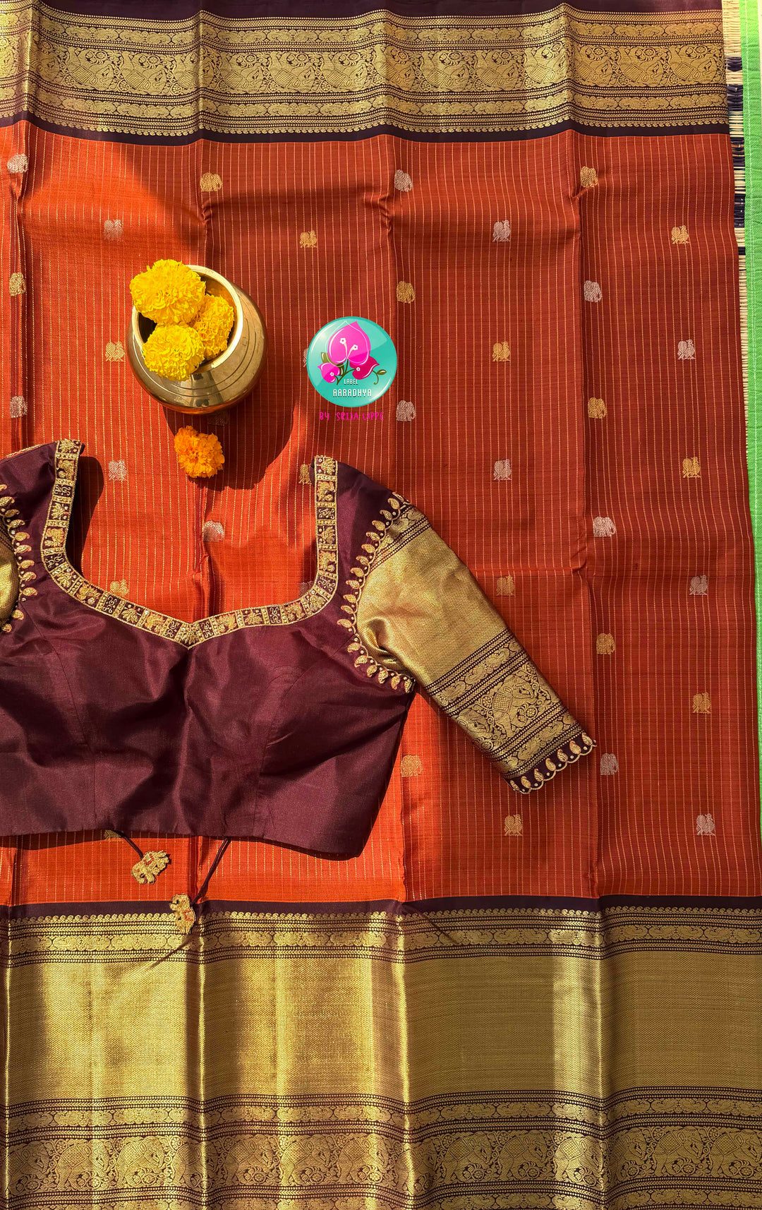 Ember & Earth: Vintage Rust Orange Vaira Oosi Kanchipuram Saree with Grand Artisan Borders