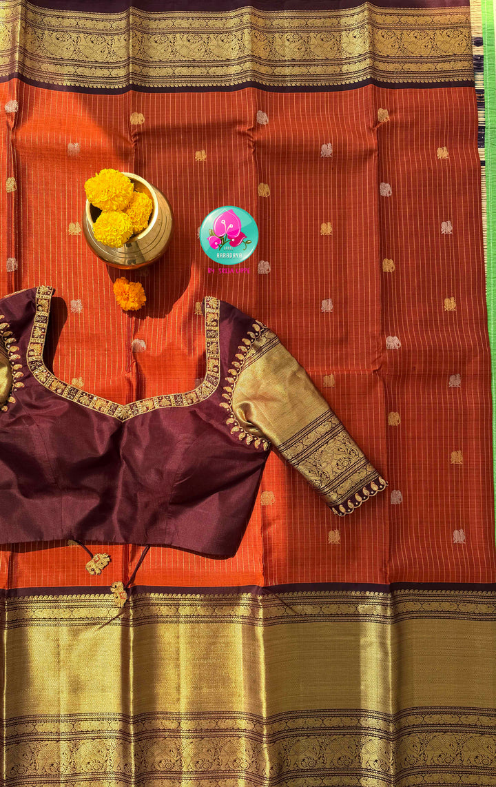 Ember & Earth: Vintage Rust Orange Vaira Oosi Kanchipuram Saree with Grand Artisan Borders