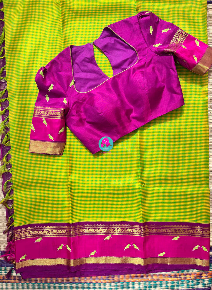 Vintage checkered pure Kanchipattu saree set with bird hand work