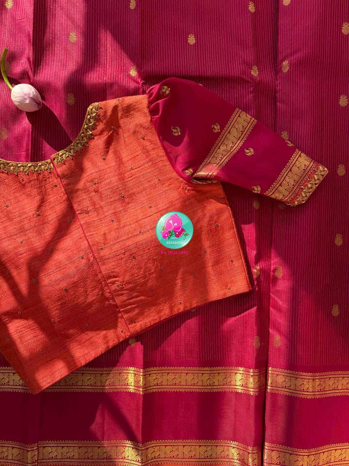 Regal Magenta-Maroon Warmth & Tangerine Radiance: Pure Kanjeevaram Silk Saree with Vaira Oosi Lines, Orange Korvai Border & Fusion Hand-Embroidered Blouse