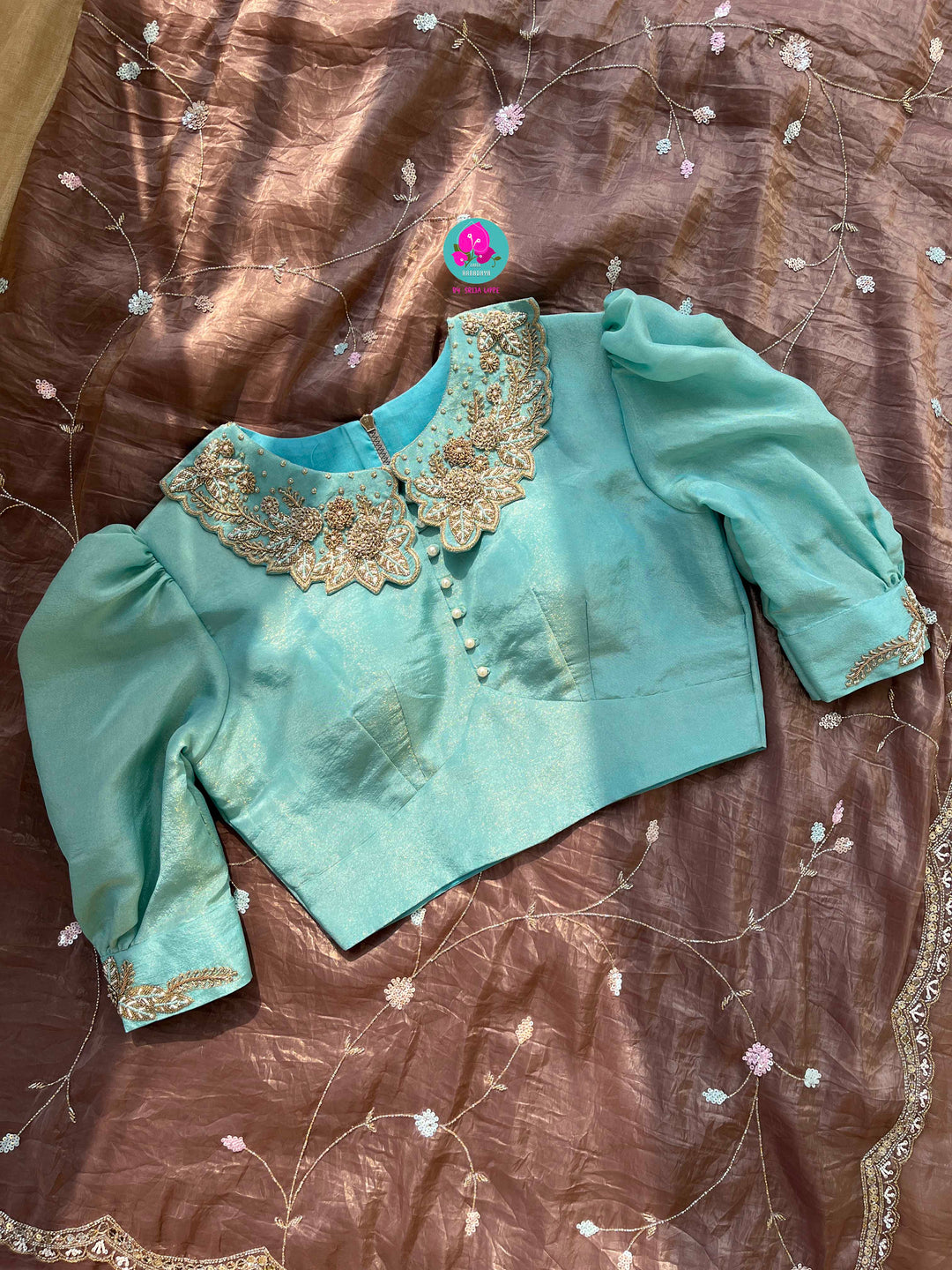 Hand embroidered soft crush organza saree paired with hand embroidered Blouse