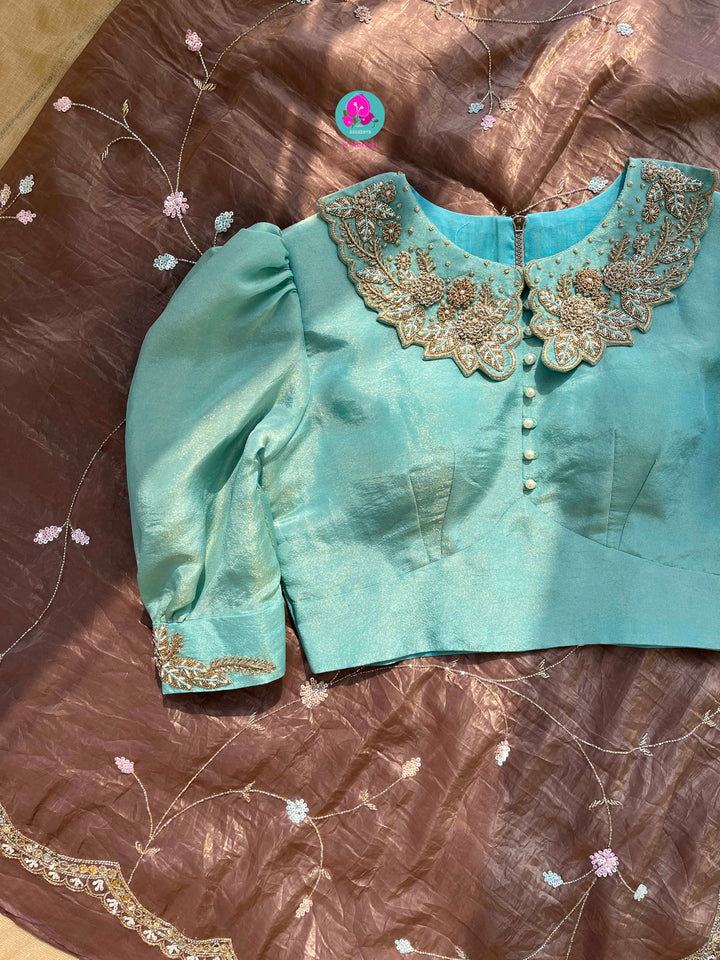 Hand embroidered soft crush organza saree paired with hand embroidered Blouse
