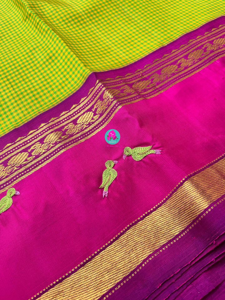 Vintage checkered pure Kanchipattu saree set with bird hand work