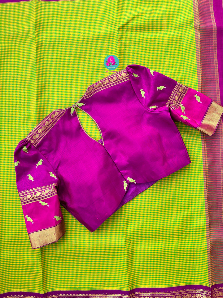 Vintage checkered pure Kanchipattu saree set with bird hand work