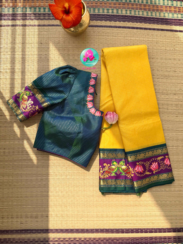 Sacred Sunbeams: Yellow Vaira Oosi Kanchipuram Saree with Tanjore Hand-Painted Artistry