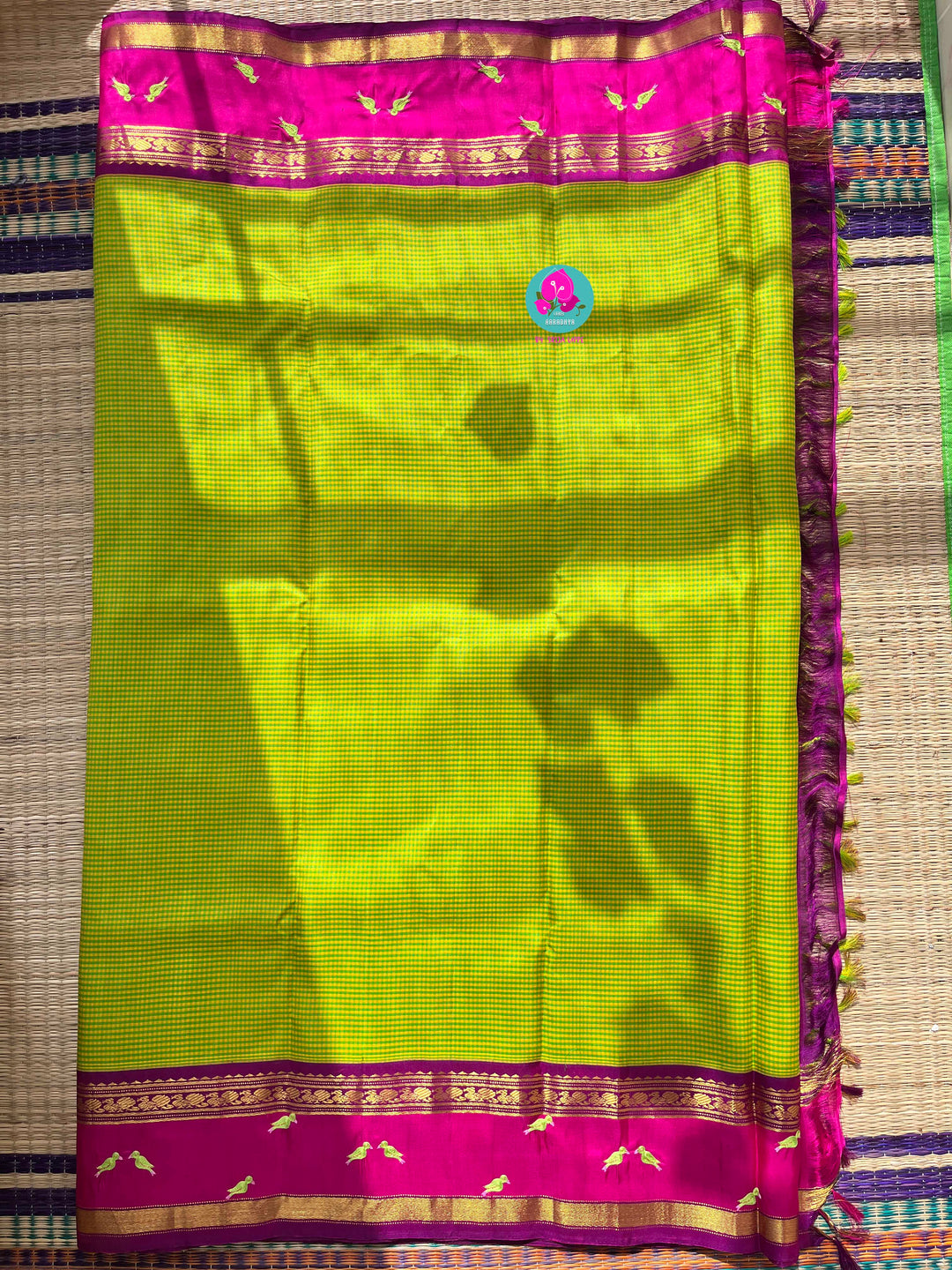 Vintage checkered pure Kanchipattu saree set with bird hand work